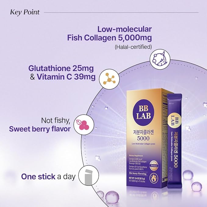 BB LAB [Korean Pick Collagen] Low Molecular Collagen 5000, Glutathione Max, Powder Stick Halal Certified Korean Marine Collagen, Fish Collagen, Vitamin C, Glutathione, Fast Absorption