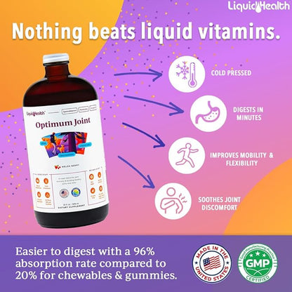 LIQUIDHEALTH Optimum Joint Support Liquid Multivitamin with Glucosamine, Chondroitin, MSM, Hyaluronic Acid - Increase Mobility, Joint Comfort, for Runners & Athletes - Made in USA, Vegan (4 Pack)