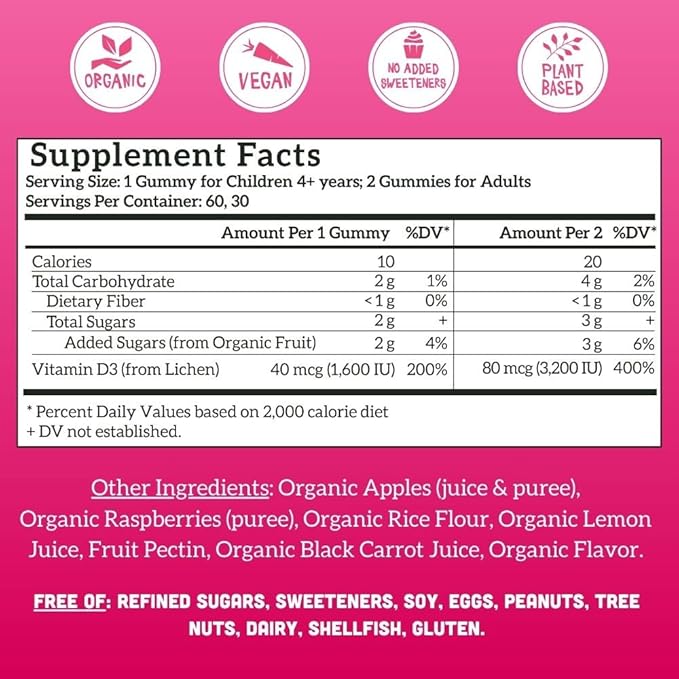 Llama Naturals Vitamin D3, Vegan, Organic Immune Support Supplement, Vitamin D Gummies for Adults and Kids, Real Fruit Gummy Vitamins, Promotes Bone Health, No Added Sugar Cane, Raspberry, 60 Ct