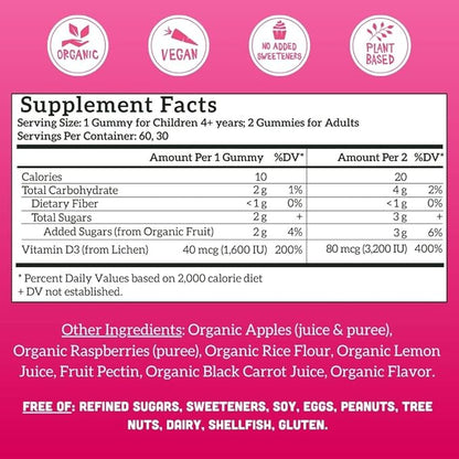 Llama Naturals Vitamin D3, Vegan, Organic Immune Support Supplement, Vitamin D Gummies for Adults and Kids, Real Fruit Gummy Vitamins, Promotes Bone Health, No Added Sugar Cane, Raspberry, 60 Ct