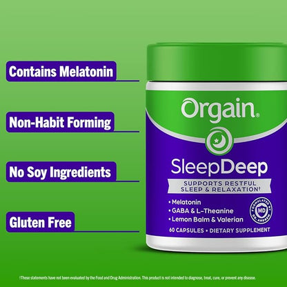 Orgain SleepDeep, Melatonin Sleep Aid Support Supplement with Magnesium, GABA, L-Theanine, L-Tryptophan, Chamomile, Lemon Balm & Valerian Root, Gluten Free, Doctor Formulated - 60 Count, 30 Day Supply