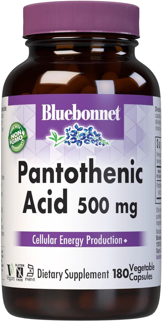 Bluebonnet Pantothenic Acid 500 mg Vegetable Capsules, 180 Count