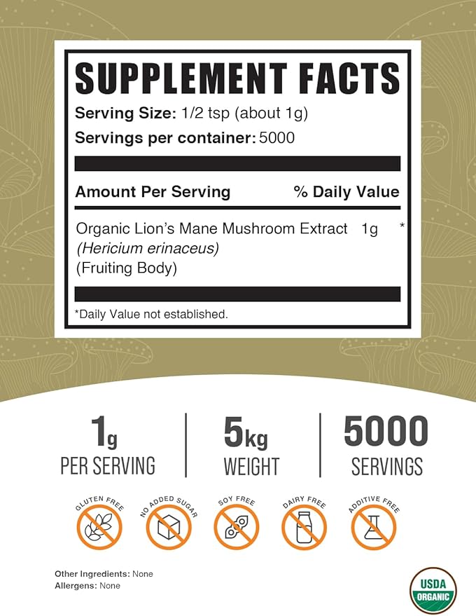 BulkSupplements.com Organic Lion's Mane Mushroom Extract Powder - Lions Mane Supplement Powder, Lion's Mane Extract - Mushroom Supplement, 1000mg per Serving, 5kg (11 lbs) (Pack of 5)