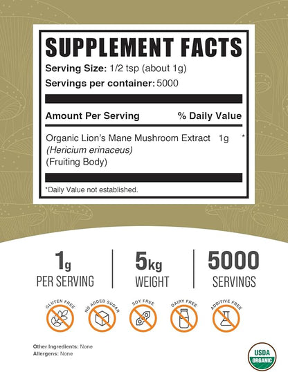 BulkSupplements.com Organic Lion's Mane Mushroom Extract Powder - Lions Mane Supplement Powder, Lion's Mane Extract - Mushroom Supplement, 1000mg per Serving, 5kg (11 lbs) (Pack of 5)