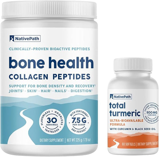 NativePath Bone Health Collagen & Turmeric Duo - Enhanced Bone Support with Fortibone, Verisol, and Black Seed Oil, 30 Servings