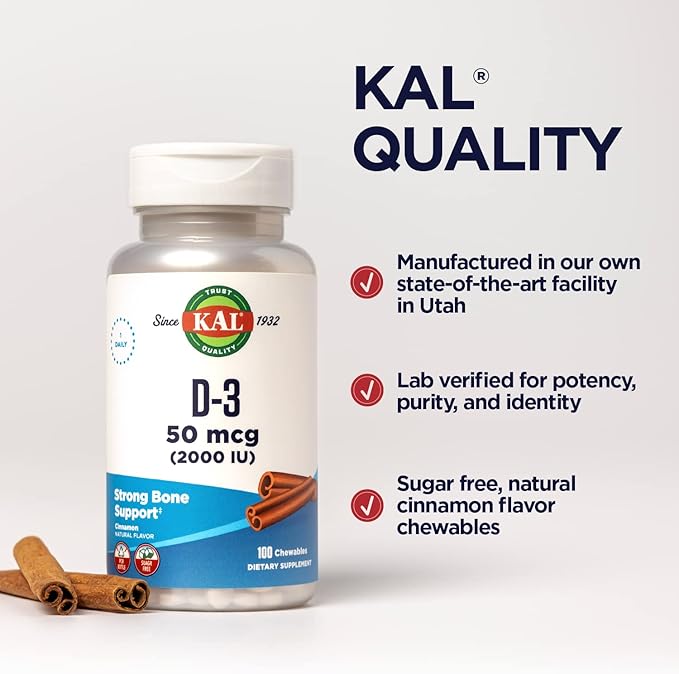 KAL Vitamin D3 Chewables 50 mcg, Vitamin D 2000 IU as Cholecalciferol, Sugar Free, Natural Cinnamon Flavor D3 Vitamin, Immune Support & Bone Health, 100 Servings, 100 Chewables