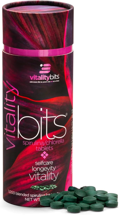 VITALITYbits - Organic Blended Spirulina & Chlorella Tablets - Algae Superfood - Energy, Self Care, Beauty - Replace Greens, Supplements, Protein, Snacks - Vegan, Keto, Gluten Free - 1000 Tablets Can