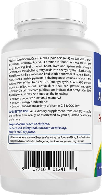 Best Naturals Acetyl L-Carnitine and Alpha Lipoic Acid 750 mg 120 Capsules