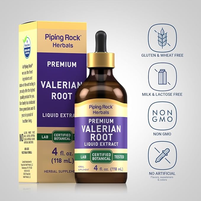 Piping Rock Valerian Root Extract Liquid Drops | 4 Fl Oz | Premium Herb Supplement Tincture | Vegetarian, Alcohol Free | Non-GMO, Gluten Free