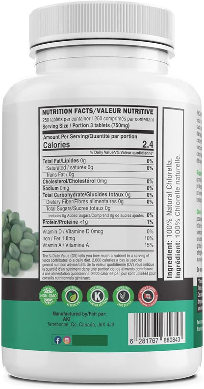 AKI Chlorella Superfood Supplement Tablets (250) - Green Superfood Fount of Vitamin B12, Iron & Protein - Ideal in GMO Free & Vegan Friendly