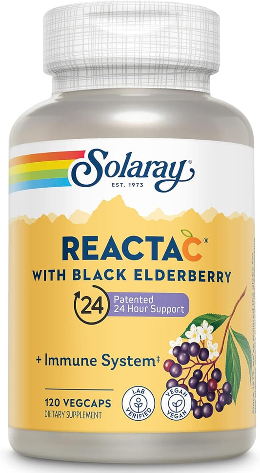 SOLARAY Reacta-C with 500mg Vitamin C, 200mg Sambucus Black Elderberry Extract, Immune System Defense Vitamins, Patented 24 Hour Immunity Booster Support Supplement, Vegan, 120 Capsules, 120 Servings