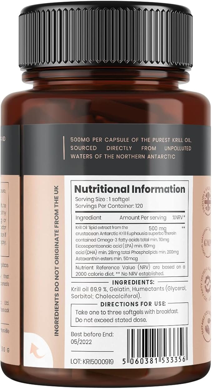 Ultra Pure Krill Oil 500mg x 480 Capsules (4 Bottles) - Sourced in The Unpolluted Waters of Antarctic Providing a Rich Supply of Astaxanthin and Omega 3