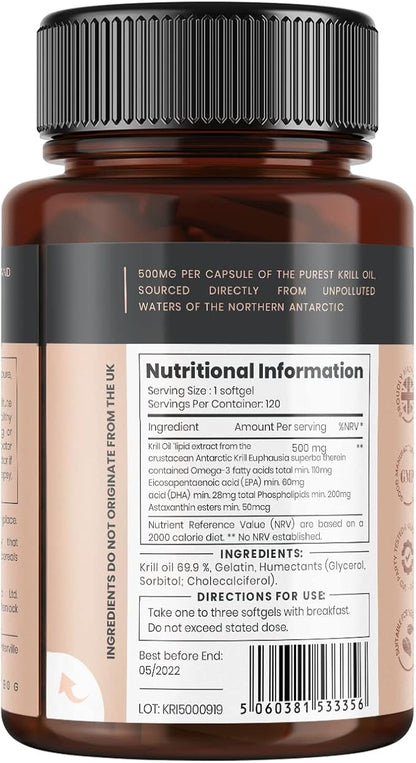 Ultra Pure Krill Oil 500mg x 480 Capsules (4 Bottles) - Sourced in The Unpolluted Waters of Antarctic Providing a Rich Supply of Astaxanthin and Omega 3