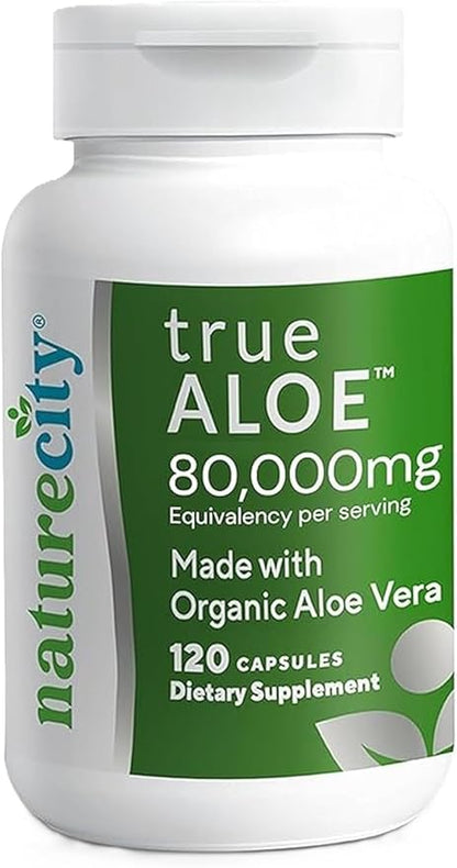 NatureCity True-Aloe 80,000mg Aloe Vera Gel Equivalent Per Serving – Made with Organic Aloe Vera (120 Capsules) Digestive, Skin and Joint Support | Small Easy-to-Swallow Pills