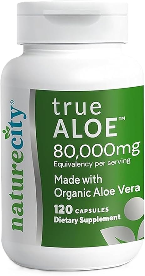 NatureCity True-Aloe 80,000mg Aloe Vera Gel Equivalent Per Serving – Made with Organic Aloe Vera (120 Capsules) Digestive, Skin and Joint Support | Small Easy-to-Swallow Pills