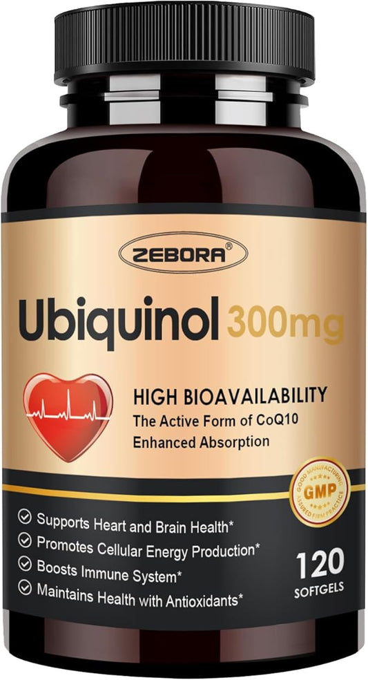 ZEBORA Ubiquinol CoQ10 300mg Softgels, 4-in-1 Powerful Antioxidant for Heart and Vascular Health, Essential for Energy Production, Max Absorption Active Form of CoQ10, 120 Softgels
