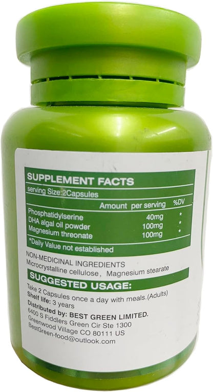 2 Bottles Magnesium L-threonate -100mg, DHA-100mg, Phosphatidylserine-40mg, Magnesium Complex Supplements for The Elderly Kids Brain Health and Cognitive Support Improve Brain - 120 Capsules