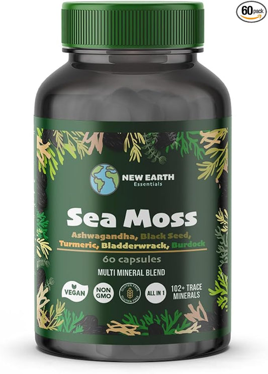 Sea Moss with Black Seed Oil, Ashwagandha, Turmeric, Bladderwrack, Burdock Root, Manuka Honey, Vitamin C & D3, Apple Cider Vinegar, Dandelion Root, Yellow Dock Root, Elderberry Fruit, Chlorophyll