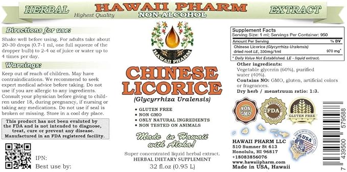 Chinese Licorice Alcohol-Free Liquid Extract, Chinese Licorice (Glycyrrhiza Uralensis) Root Glycerite Hawaii Pharm Natural Herbal Supplement 32 oz Unfiltered