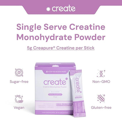 Create Single Serve Creatine Monohydrate Powder – 5g Creapure Creatine | Redefining Strength, Energy & Recovery | Sugar-Free, Vegan, Non-GMO | Mixed Berry | 30 Portable Packets