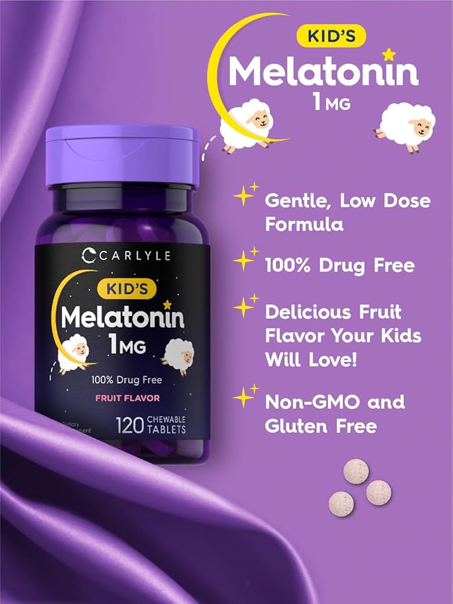 Carlyle Kids Melatonin 1mg | 120 Chewable Tablets | Fruit Flavor | Vegetarian Supplement | Non-GMO, Gluten Free Formula