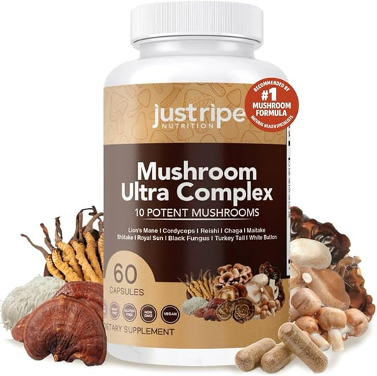Mushroom Ultra Complex - Reishi, Cordyceps, Lions Mane & Shiitake - Immune System Booster & Nootropic Brain Supplement - Enhance Memory and Focus - Stress Relief - 60 Capsules