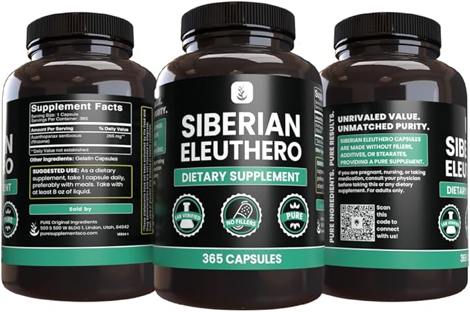 PURE ORIGINAL INGREDIENTS Siberian Eleuthero, Always Pure, No Additives Or Fillers, Lab Verified (365 Count (Pack of 1))