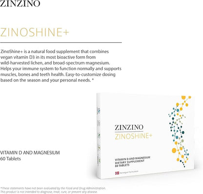 ZinoShine+ - Vitamin D3 & Magnesium Supplement for Immune Support, Energy, Muscle, Bone & Teeth Health - Reduces Fatigue - 60 Tablets