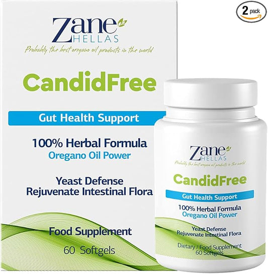 Zane Hellas Candidfree Softgels. Oregano Oil Power. Candida Support. Gut Health Support. Colon Health Support. Intestinal Flora Support. 100% Herbal Solution. 120 Softgels. Pack of 2