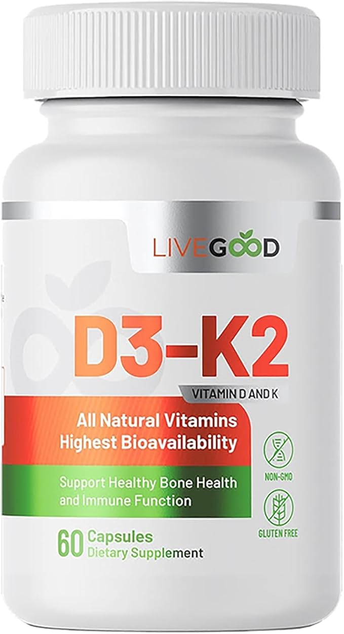 LIVEGOOD™ Vitamin D3 + K2 All Natural Bone, Muscle & Immune System Support, Vegan & Non-GMO, 60 Capsules