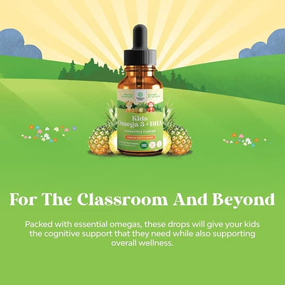 Kids DHA Omega 3 Drops - Fatty Acids Omega 3 6 9 for Brain, Immune Strength & Vision - Nutritional DHA for Kids for Healthy Nervous System & Focus Support - Liquid Supplement with EPA & ALA - 2 Fl Oz