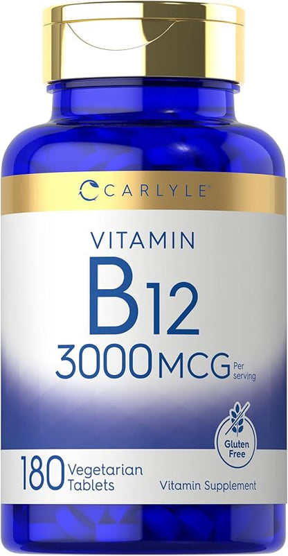 Carlyle B12 Vitamin 3000 mcg | 180 Tablets | Vegetarian Supplement | Non-GMO & Gluten Free