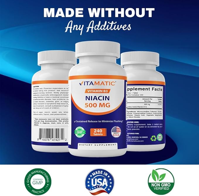 Vitamatic Niacin (Vitamin B3) 500mg, Sustained Release, 240 Tablets - Non-GMO & Gluten Free