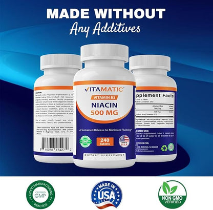 Vitamatic Niacin (Vitamin B3) 500mg, Sustained Release, 240 Tablets - Non-GMO & Gluten Free