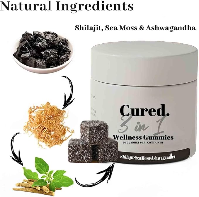 Cured 3 in 1 Gummies, 3 in 1 Shilajit Gummies for Men, Shilajit Gummies for Men, Pure Shilajit Gummies for Men, 30 Day Supply Per Bottle