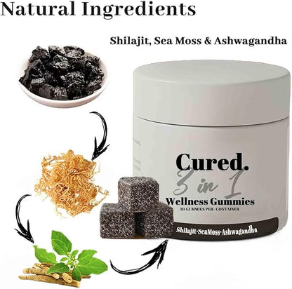 Cured 3 in 1 Gummies, 3 in 1 Shilajit Gummies for Men, Shilajit Gummies for Men, Pure Shilajit Gummies for Men, 30 Day Supply Per Bottle