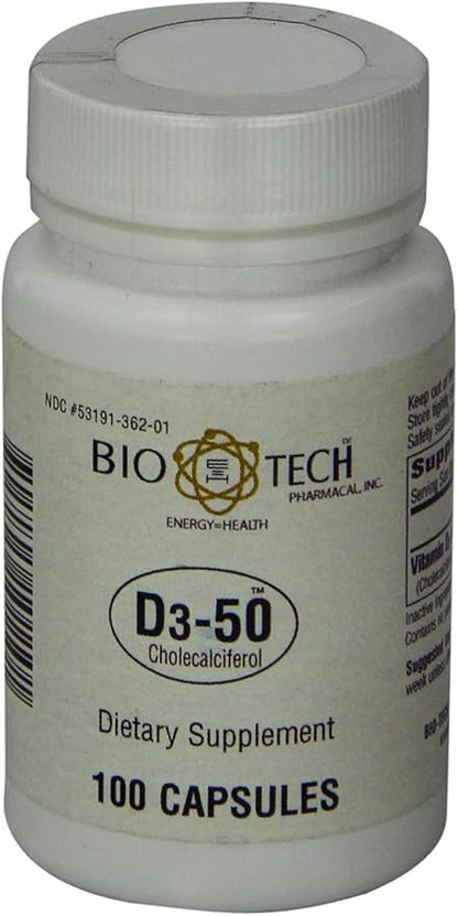 Bio-Tech Pharmacal D3-50 50,000 IU, 100 Capsules Ð All-Natural Supplement Ð Supports Bone, Heart Neuromuscular, & Immune Health Ð No Dairy, Fish, Gluten, Peanut, Shellfish, & Soy
