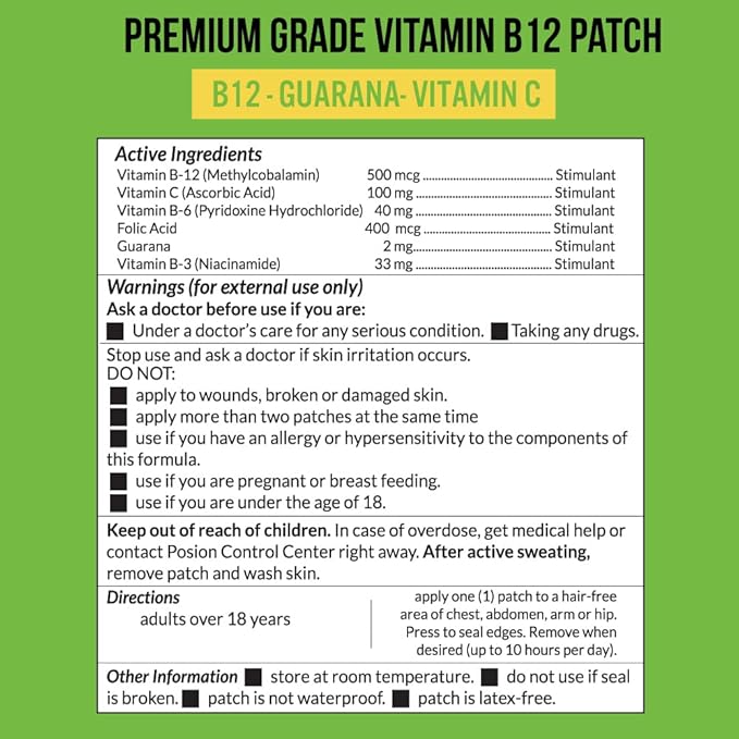 Premium Grade B12 Patches 30 Day Supply B12 Patch – Made with Vitamin B12 Methylcobalamin for Energy & Vitamin Guarana - 100% Made in The USA