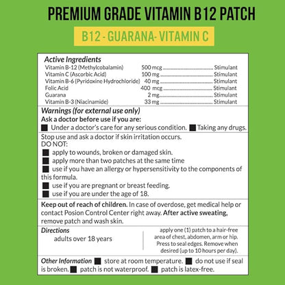 Premium Grade B12 Patches 30 Day Supply B12 Patch – Made with Vitamin B12 Methylcobalamin for Energy & Vitamin Guarana - 100% Made in The USA