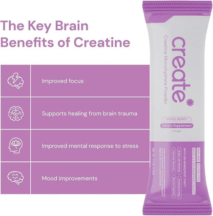 Create Single Serve Creatine Monohydrate Powder – 5g Creapure Creatine | Redefining Strength, Energy & Recovery | Sugar-Free, Vegan, Non-GMO | Mixed Berry | 30 Portable Packets