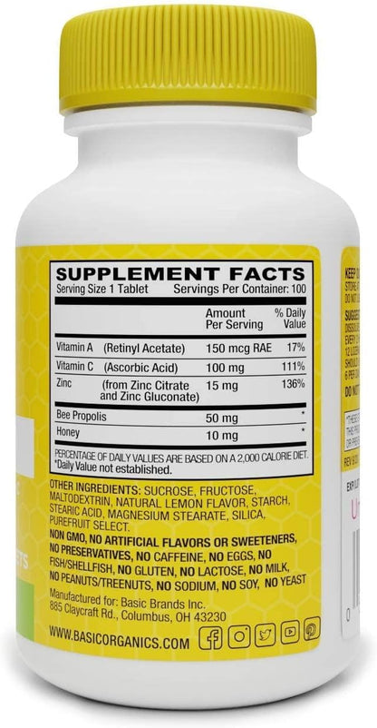 Basic Brands Zinc Lozenges, 100 Count, Lemon