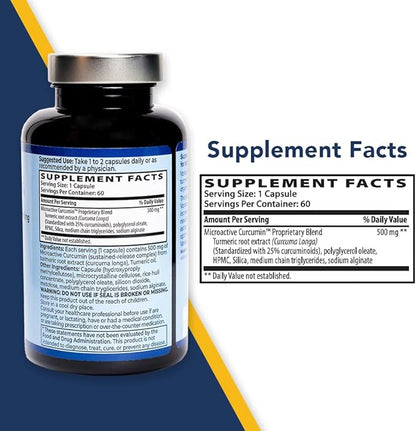 Highly Absorbable MicroActive Curcumin with Turmeric Oil Extract 500mg for Optimal Joint Health, Vegan, Non-GMO, Gluten-Free, 60 Vegan Capsules