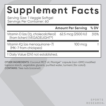 Sports Research® Vitamin D3 + K2 with Coconut MCT Oil | Vegan D3 2500iu (62.5mcg) & Plant Based Vitamin K2 100mcg | Vegan Certified, Soy & Gluten Free - 60 Softgels