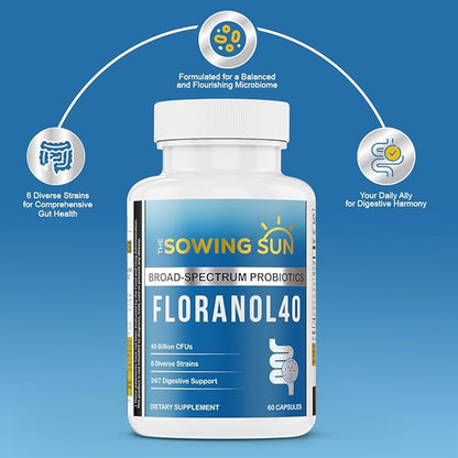 Floranol40 Probiotic Supplement for Gut Support, 6 Diverese Strains for Healthy Gut Flora, with Lactobacillus, Bifidobacterium, Fructooligosaccharide & Marine Polysaccharide Complex 60 Capsules (1)