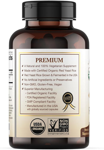 Certified Organic Red Yeast Rice Supplement - 120 Capsules, 2 Month Supply