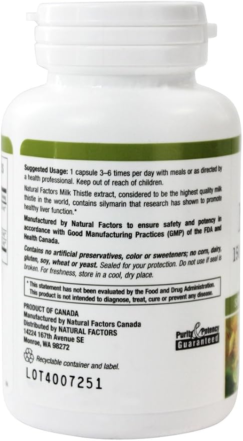 Natural Factors HerbalFactors, Milk Thistle 250 mg, Promotes Healthy Liver Function with Dandelion and Turmeric, 60 Capsules