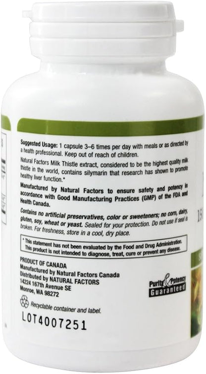 Natural Factors HerbalFactors, Milk Thistle 250 mg, Promotes Healthy Liver Function with Dandelion and Turmeric, 60 Capsules