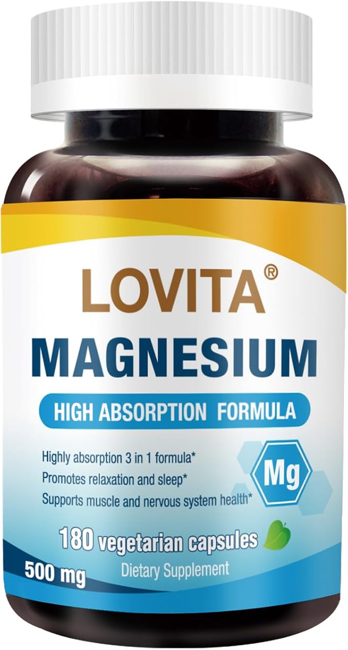 Lovita Triple Magnesium Complex 500mg, High Absorption and Potency Formula, Glycinate, Citrate & Oxide, Support Sleep, Relaxation, Heart, Nerves & Bone Health, 180 Vegan Capsules