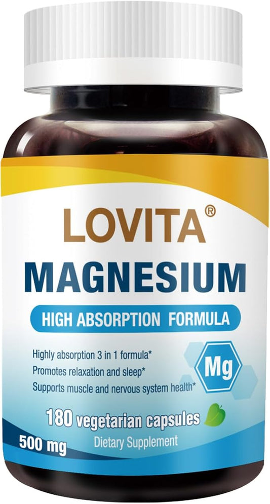 Lovita Triple Magnesium Complex 500mg, High Absorption and Potency Formula, Glycinate, Citrate & Oxide, Support Sleep, Relaxation, Heart, Nerves & Bone Health, 180 Vegan Capsules