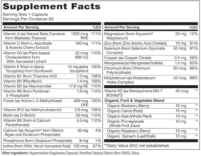 NATURELO Mens Multivitamins - One Daily Multivitamin for Men with Vitamins, Minerals & Organic Whole Foods, Boost Energy & Health, Non-GMO, 60 Vegetarian Capsules